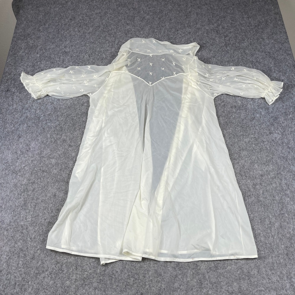 Vintage Sheer Ivory Embroidered Leaf Puff Sleeve Peignoir Robe Bridal Loungewear